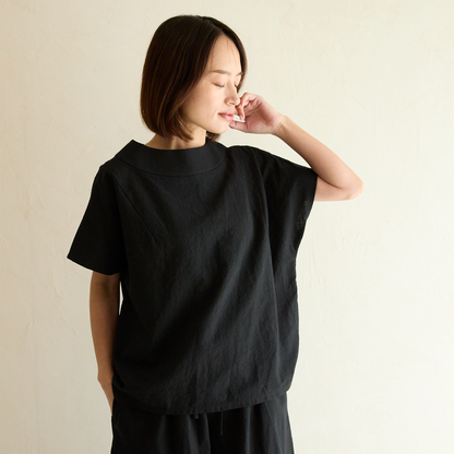 気どらずオシャレ✨ ボトルネックブラウス＆ワイドパンツ 水通しコットンセットアップ 　ブラック