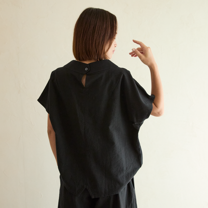 気どらずオシャレ✨ ボトルネックブラウス＆ワイドパンツ 水通しコットンセットアップ 　ブラック