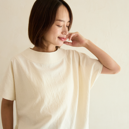 気どらずオシャレ✨ ボトルネックブラウス＆ワイドパンツ 水通しコットンセットアップ 　ナチュラル