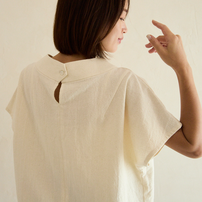 気どらずオシャレ✨ ボトルネックブラウス＆ワイドパンツ 水通しコットンセットアップ 　ナチュラル